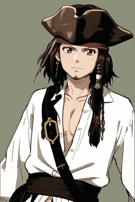 3978516926-3451077680-jack sparrow, anime style, masterpiece, best quality, 1boy, brown eyes, hat, brown hair, closed mouth, earrings, green backgroun.png